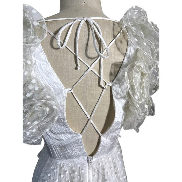 Vintage 80s Lace Polka Dot & Ruffle Party Dres in White Size Medium - Picture 6 of 8